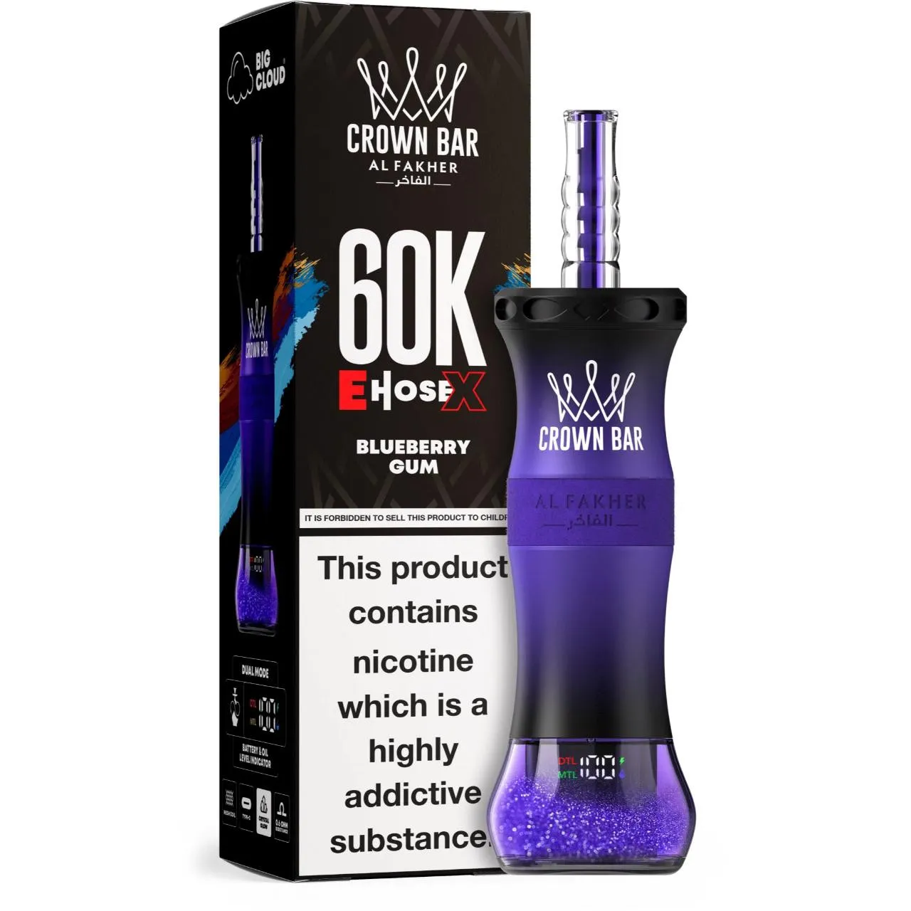 Al Fakher Crown Bar E Hose X 60k Puffs -5 packs (shipped from Overseas) - Blueberry Gum