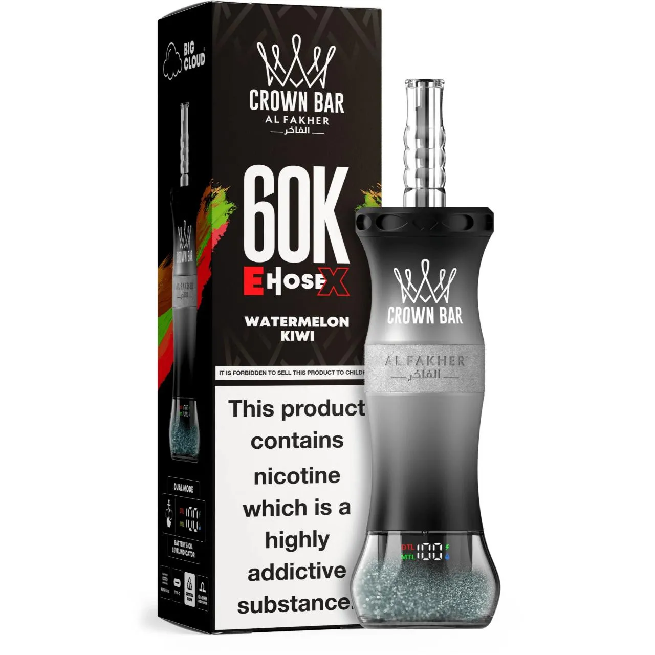 Al Fakher Crown Bar E Hose X 60k Puffs -5 packs (shipped from Overseas) - Watermelon Kiwi