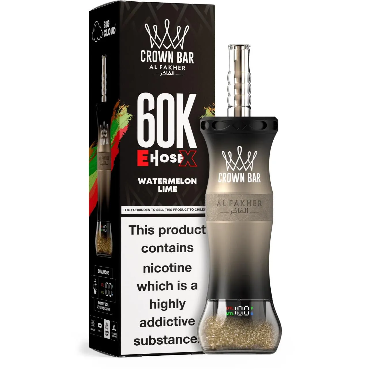 Al Fakher Crown Bar E Hose X 60k Puffs -5 packs (shipped from Overseas) - Watermelon Lime